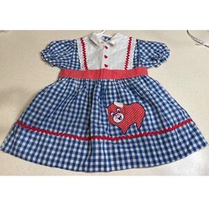 Vintage Blue Gingham Dress Kids Size 2 Red Polka Dot Heart Buttons Pig Applique
